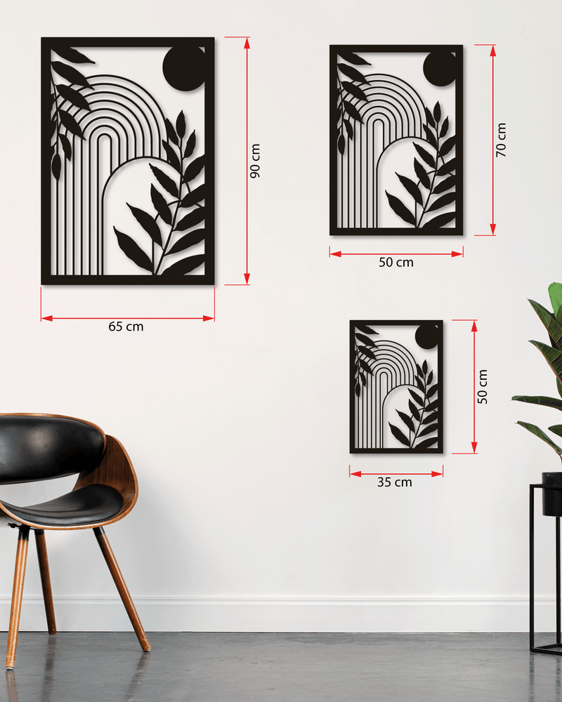 Çizgisel Yapraklar ve Güneş Temalı Metal Duvar Dekoru, Minimal Duvar Tablosu, Ev Ofis Hediye Dekor