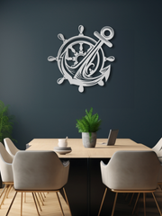 Gemi Dümeni ve Denizci Çapası Temalı Metal Duvar Dekoru, Minimal Duvar Tablosu, Ev Ofis Hediye Dekor - Gümüş