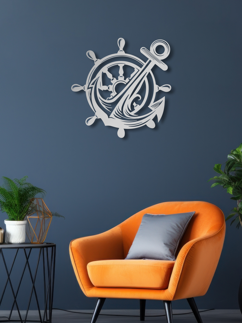 Gemi Dümeni ve Denizci Çapası Temalı Metal Duvar Dekoru, Minimal Duvar Tablosu, Ev Ofis Hediye Dekor - Gümüş