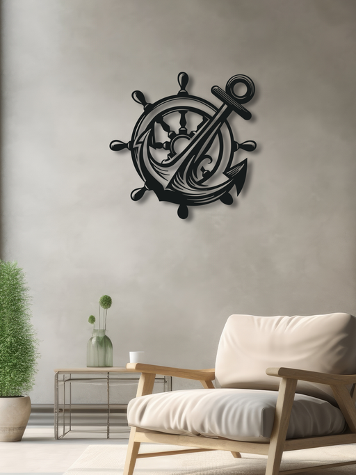 Gemi Dümeni ve Denizci Çapası Temalı Metal Duvar Dekoru, Minimal Duvar Tablosu, Ev Ofis Hediye Dekor - Siyah