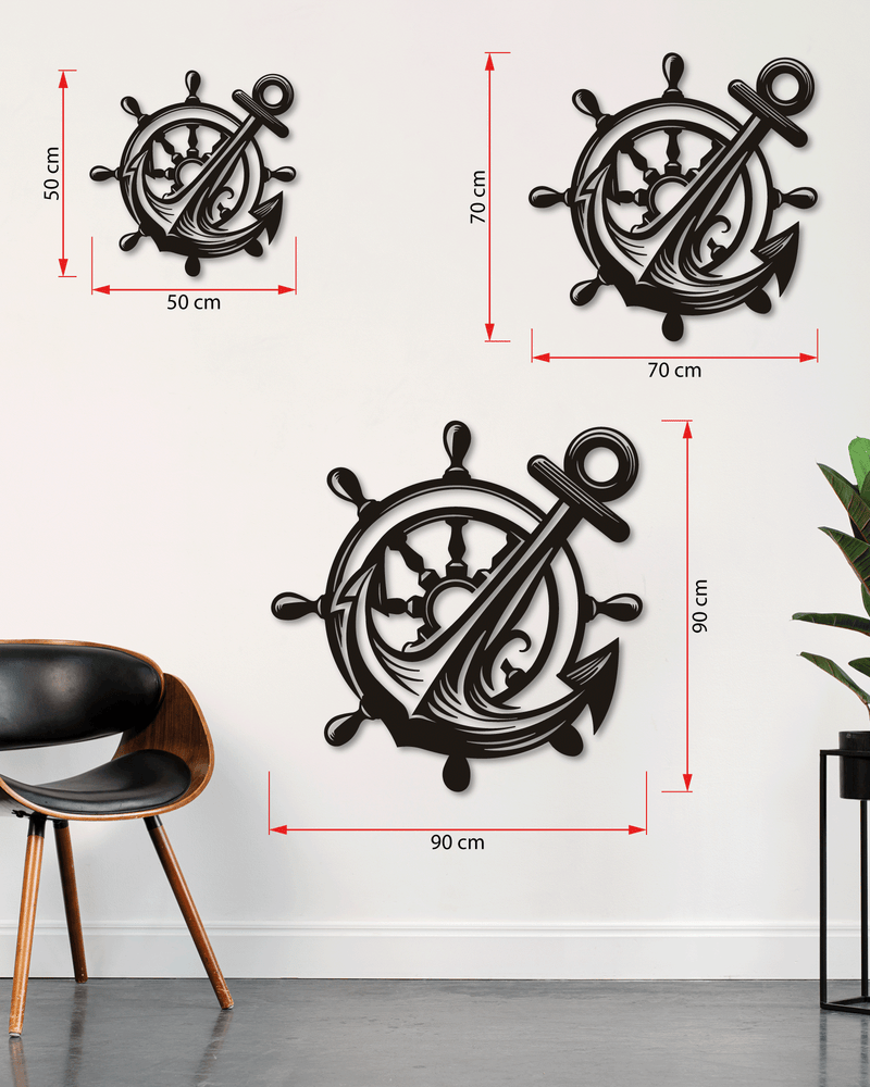 Gemi Dümeni ve Denizci Çapası Temalı Metal Duvar Dekoru, Minimal Duvar Tablosu, Ev Ofis Hediye Dekor