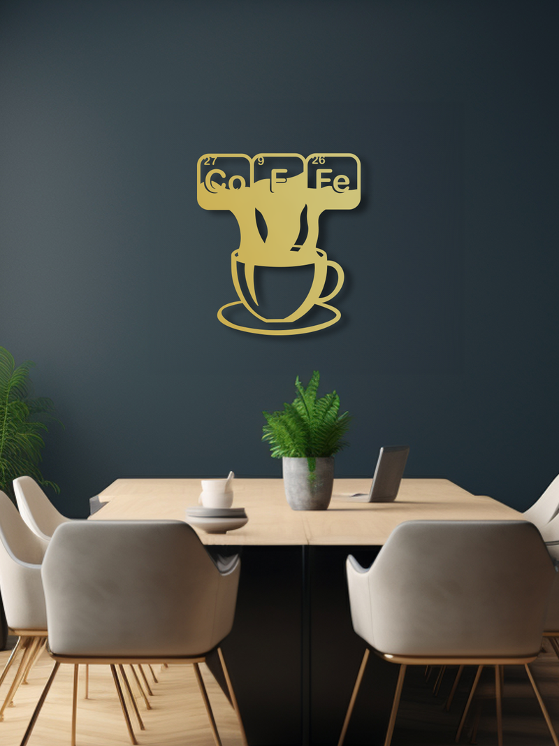 Coffe ve Fincan Temalı Metal Duvar Dekoru, Minimal Duvar Tablosu, Ev Ofis Hediye Dekor - Altın