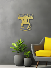 Coffe ve Fincan Temalı Metal Duvar Dekoru, Minimal Duvar Tablosu, Ev Ofis Hediye Dekor - Altın