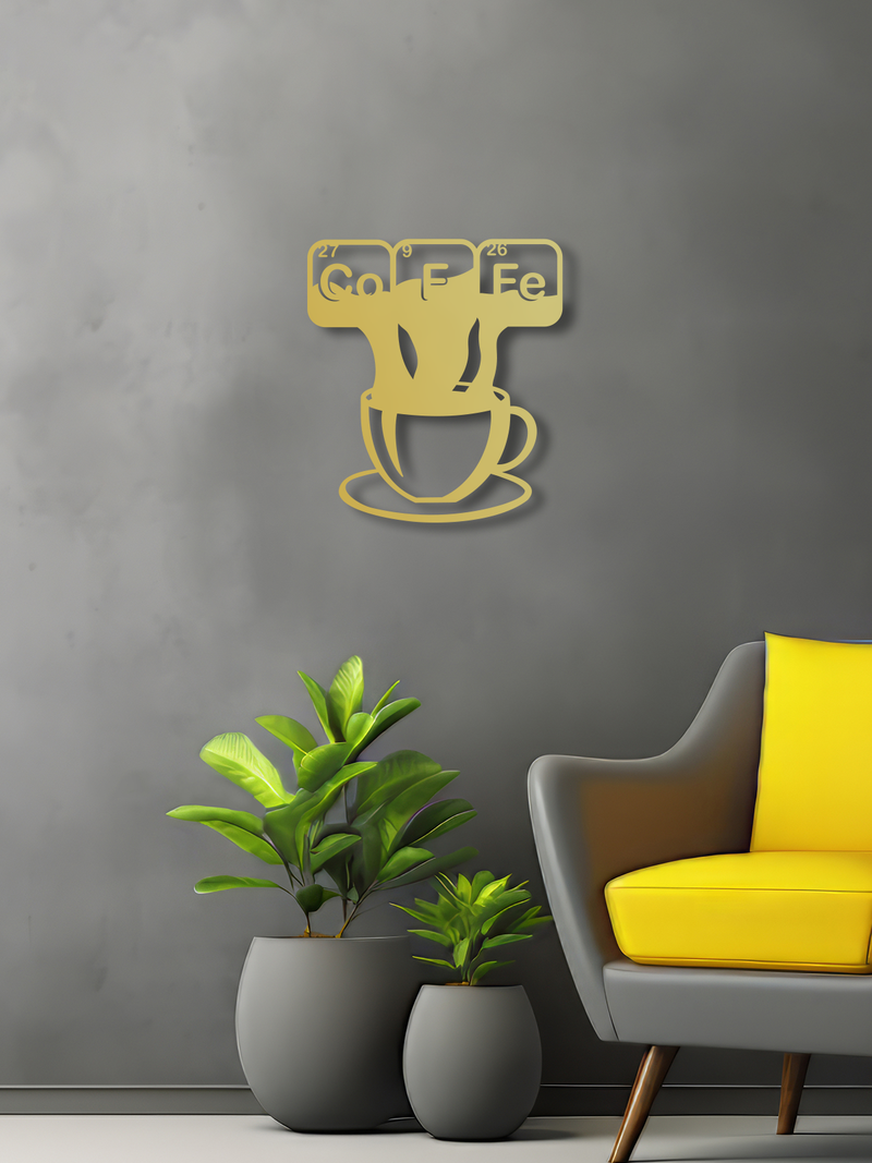 Coffe ve Fincan Temalı Metal Duvar Dekoru, Minimal Duvar Tablosu, Ev Ofis Hediye Dekor - Altın