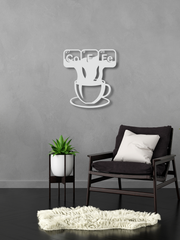 Coffe ve Fincan Temalı Metal Duvar Dekoru, Minimal Duvar Tablosu, Ev Ofis Hediye Dekor - Beyaz