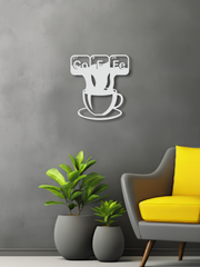 Coffe ve Fincan Temalı Metal Duvar Dekoru, Minimal Duvar Tablosu, Ev Ofis Hediye Dekor - Beyaz