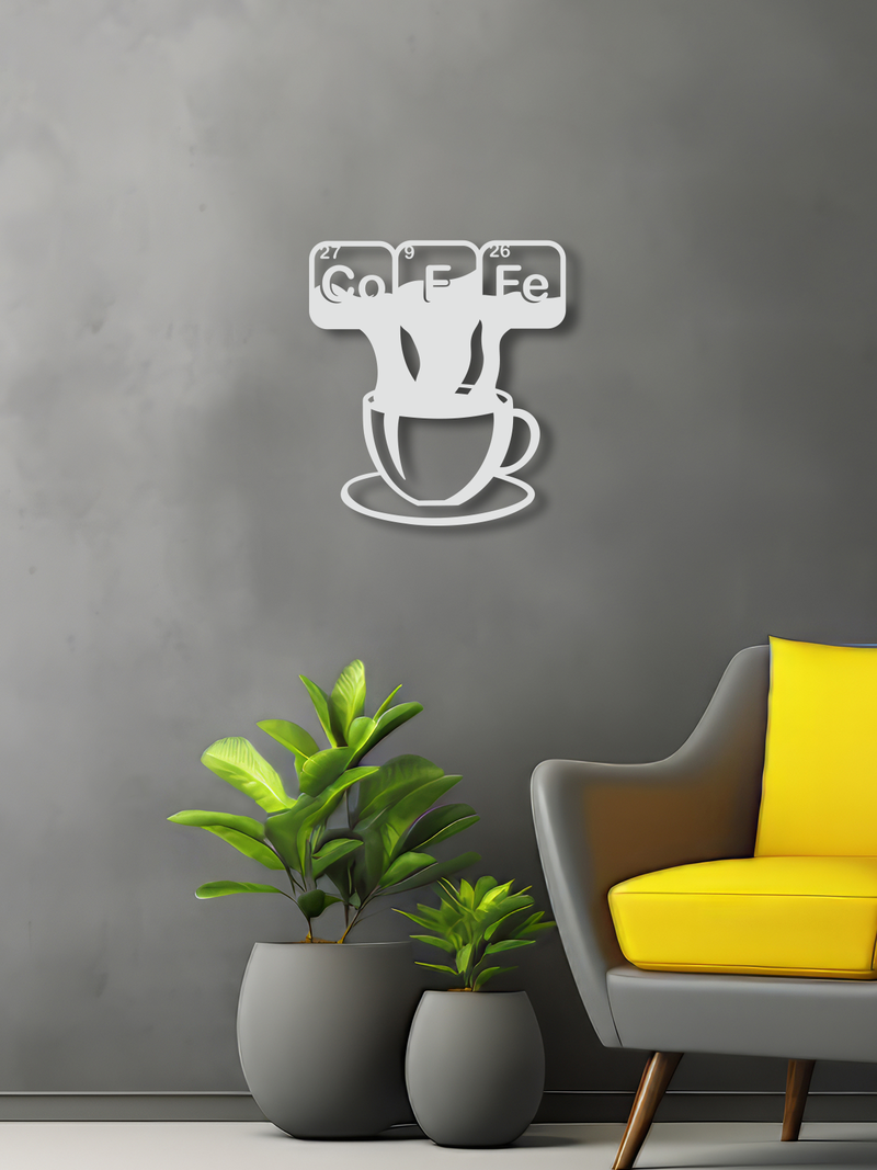 Coffe ve Fincan Temalı Metal Duvar Dekoru, Minimal Duvar Tablosu, Ev Ofis Hediye Dekor - Beyaz