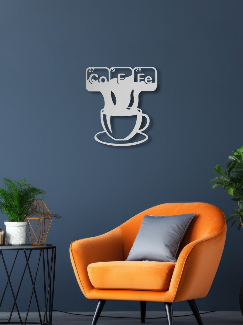 Coffe ve Fincan Temalı Metal Duvar Dekoru, Minimal Duvar Tablosu, Ev Ofis Hediye Dekor - Gümüş