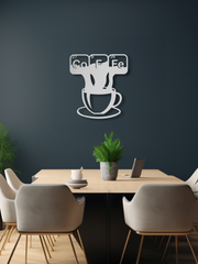 Coffe ve Fincan Temalı Metal Duvar Dekoru, Minimal Duvar Tablosu, Ev Ofis Hediye Dekor - Gümüş