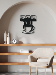 Coffe ve Fincan Temalı Metal Duvar Dekoru, Minimal Duvar Tablosu, Ev Ofis Hediye Dekor - Siyah