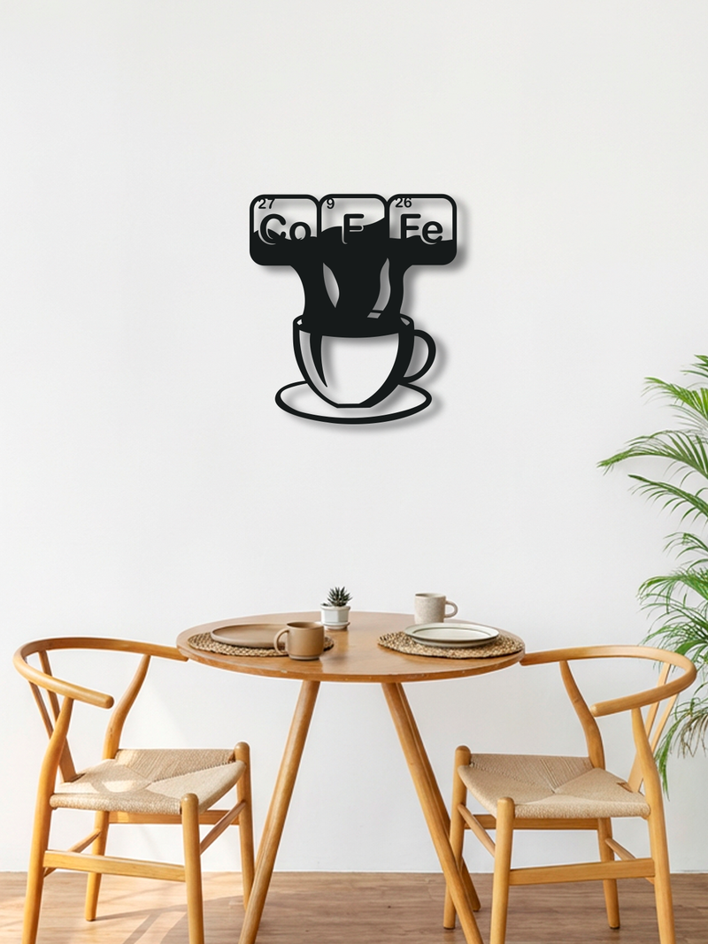 Coffe ve Fincan Temalı Metal Duvar Dekoru, Minimal Duvar Tablosu, Ev Ofis Hediye Dekor - Siyah