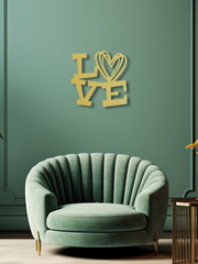 LOVE Yazılı Metal Duvar Dekoru, Minimal Tasarım Duvar Tablosu, Ev ve Ofis için Hediyelik Dekor - Altın