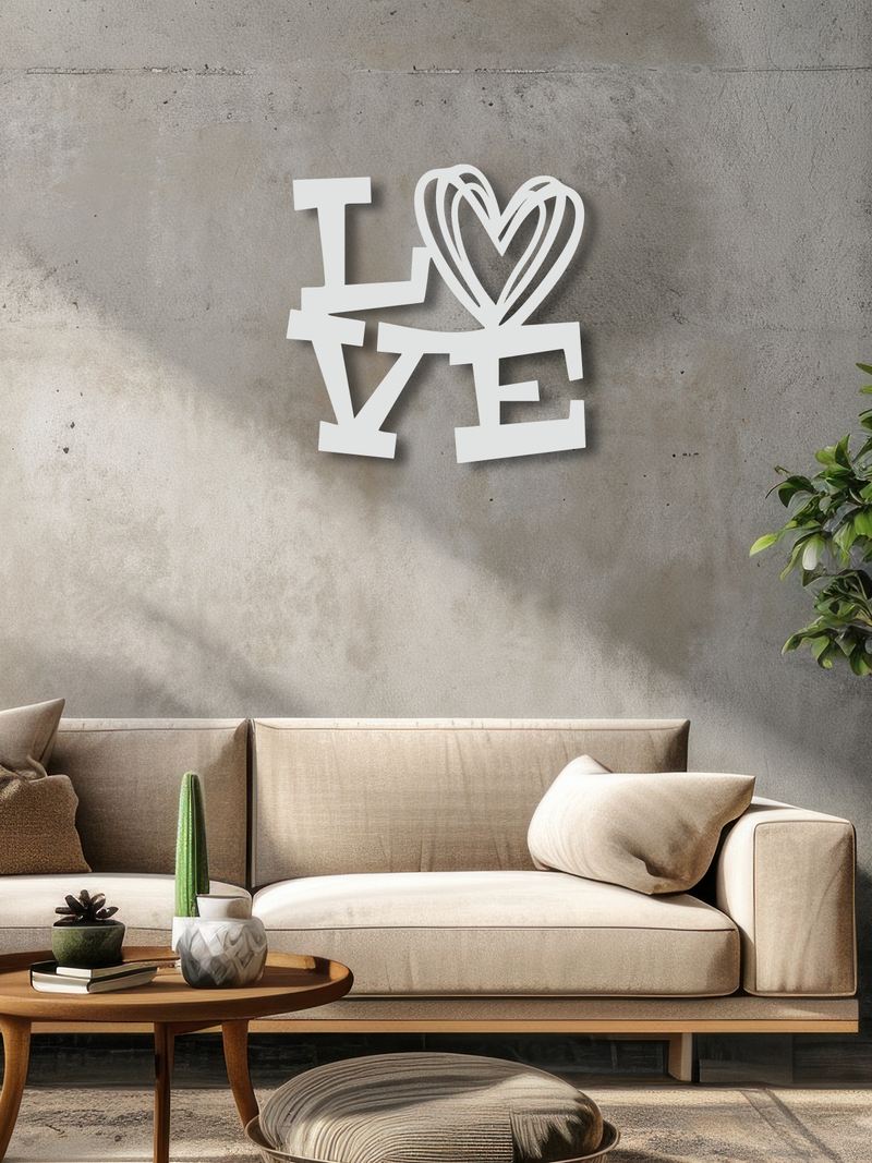 LOVE Yazılı Metal Duvar Dekoru, Minimal Tasarım Duvar Tablosu, Ev ve Ofis için Hediyelik Dekor - Beyaz