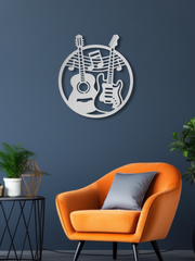 Gitar Temalı Metal Duvar Dekoru, Minimal Tasarım Duvar Tablosu, Ev ve Ofis için Hediyelik Dekor - Gümüş