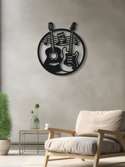 Gitar Temalı Metal Duvar Dekoru, Minimal Tasarım Duvar Tablosu, Ev ve Ofis için Hediyelik Dekor - Siyah