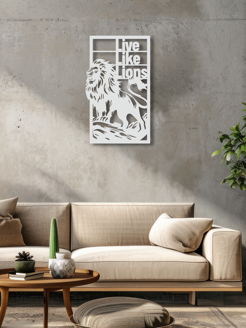 Aslan ve Live Like Lions Temalı Metal Duvar Dekoru, Minimal Duvar Tablosu, Ev ve Ofis Hediye Dekor - Beyaz