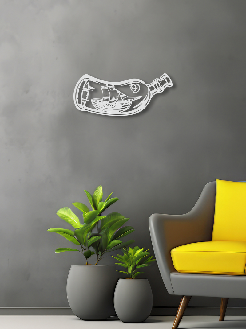 Şişe İçinde Yelkenli Gemi Temalı Metal Duvar Dekoru, Minimal Duvar Tablosu, Ev ve Ofis Hediye Dekor - Beyaz