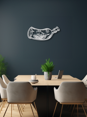 Şişe İçinde Yelkenli Gemi Temalı Metal Duvar Dekoru, Minimal Duvar Tablosu, Ev ve Ofis Hediye Dekor - Gümüş