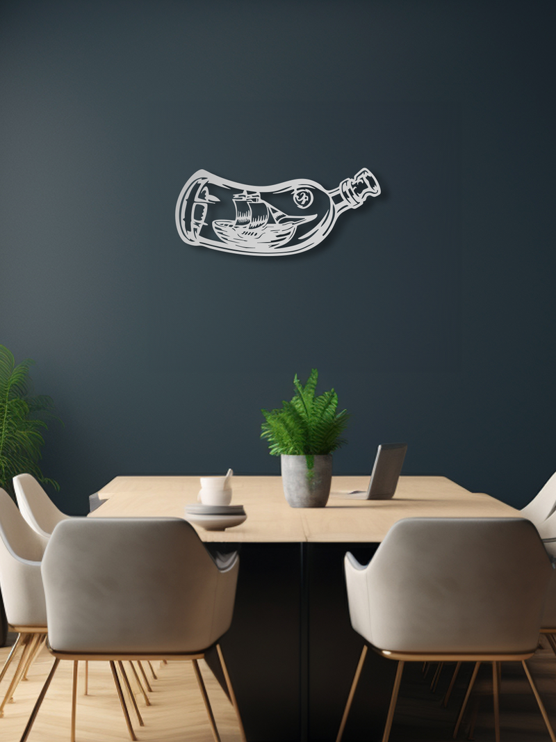Şişe İçinde Yelkenli Gemi Temalı Metal Duvar Dekoru, Minimal Duvar Tablosu, Ev ve Ofis Hediye Dekor - Gümüş