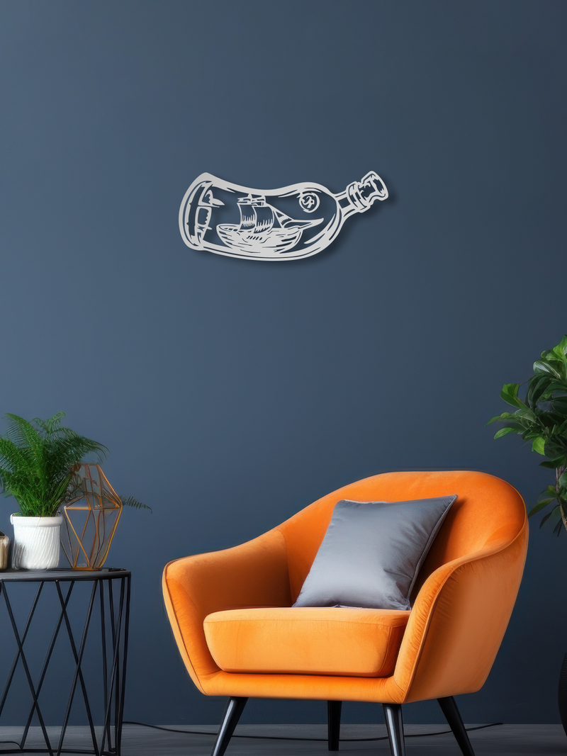 Şişe İçinde Yelkenli Gemi Temalı Metal Duvar Dekoru, Minimal Duvar Tablosu, Ev ve Ofis Hediye Dekor - Gümüş