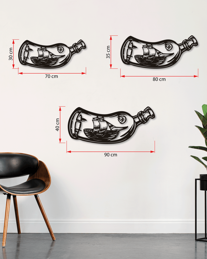 Şişe İçinde Yelkenli Gemi Temalı Metal Duvar Dekoru, Minimal Duvar Tablosu, Ev ve Ofis Hediye Dekor