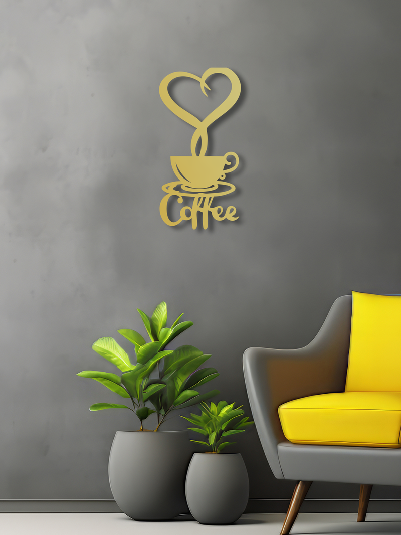 Kalpli Coffee Temalı Metal Duvar Dekoru, Minimal Tasarım Duvar Tablosu, Ev ve Ofis Hediyelik Dekor - Altın