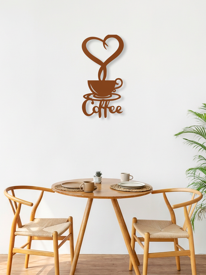Kalpli Coffee Temalı Metal Duvar Dekoru, Minimal Tasarım Duvar Tablosu, Ev ve Ofis Hediyelik Dekor - Bakır