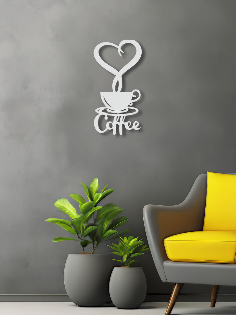 Kalpli Coffee Temalı Metal Duvar Dekoru, Minimal Tasarım Duvar Tablosu, Ev ve Ofis Hediyelik Dekor - Beyaz