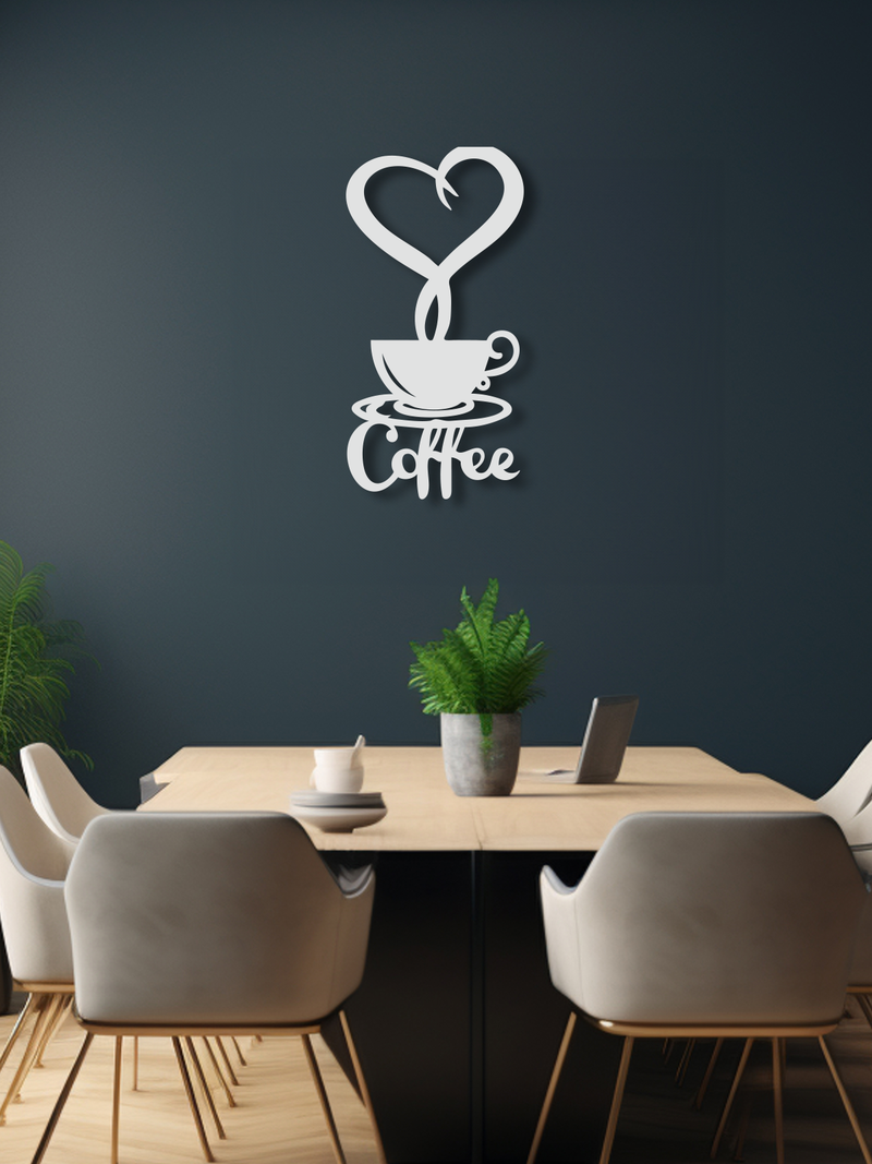 Kalpli Coffee Temalı Metal Duvar Dekoru, Minimal Tasarım Duvar Tablosu, Ev ve Ofis Hediyelik Dekor - Beyaz