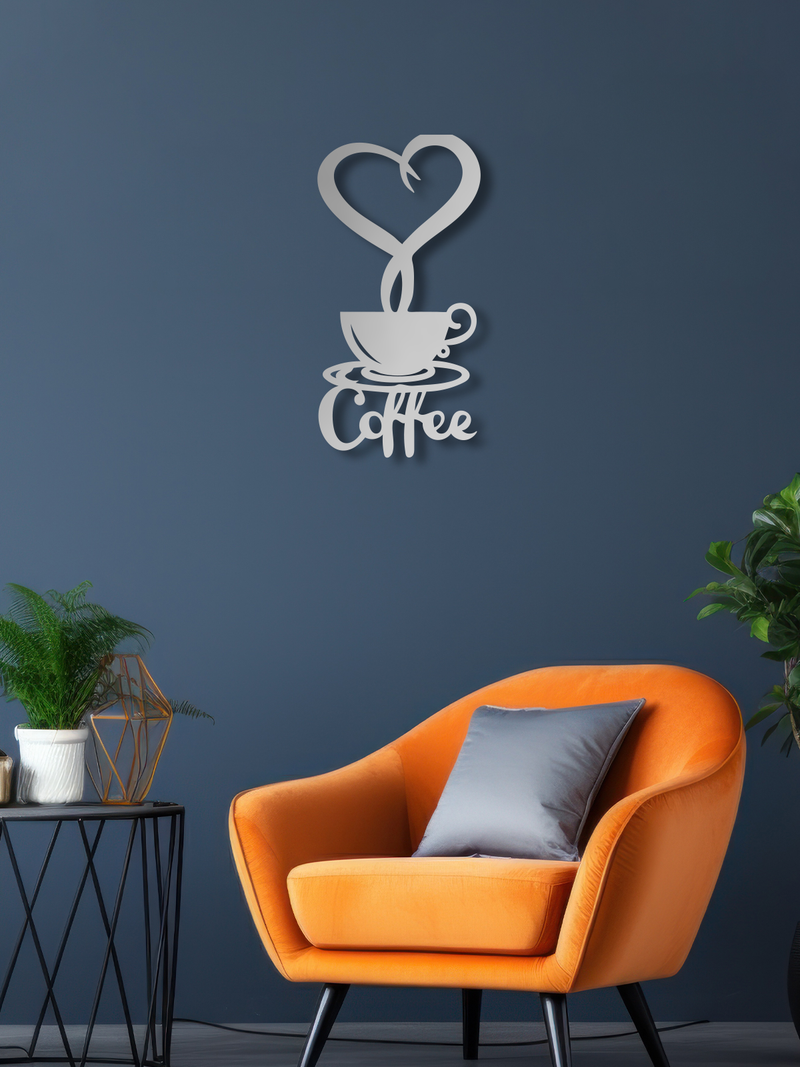 Kalpli Coffee Temalı Metal Duvar Dekoru, Minimal Tasarım Duvar Tablosu, Ev ve Ofis Hediyelik Dekor - Gümüş