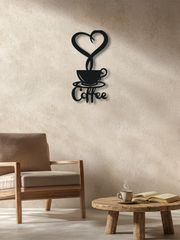 Kalpli Coffee Temalı Metal Duvar Dekoru, Minimal Tasarım Duvar Tablosu, Ev ve Ofis Hediyelik Dekor - Siyah