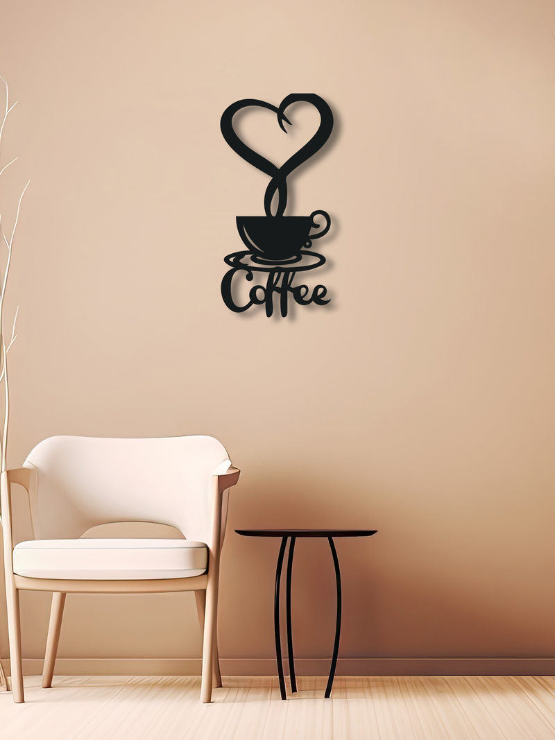 Kalpli Coffee Temalı Metal Duvar Dekoru, Minimal Tasarım Duvar Tablosu, Ev ve Ofis Hediyelik Dekor - Siyah
