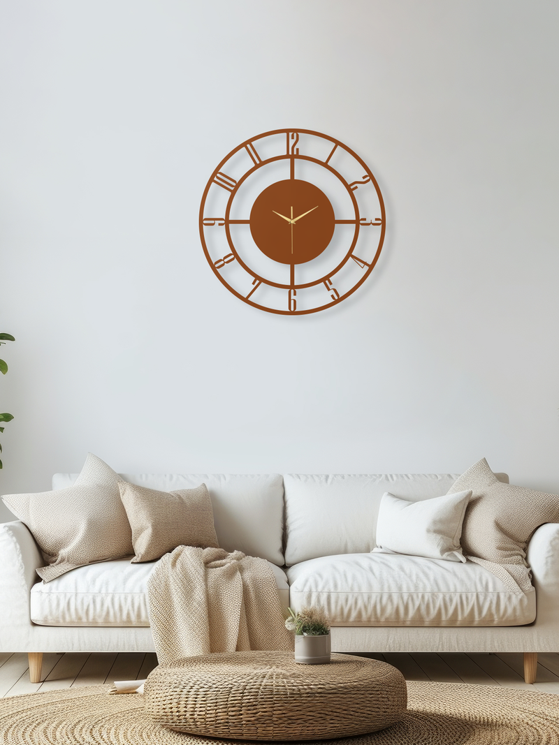 Geometrik Kesik Çizgili 4 Rakamlı Daire Metal Duvar Saati, Minimal Tasarım, Ev Ofis Hediyelik Dekor - Bakır