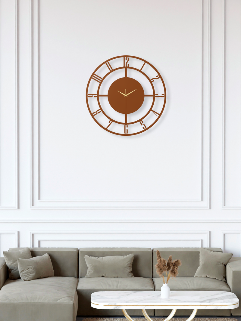 Geometrik Kesik Çizgili 4 Rakamlı Daire Metal Duvar Saati, Minimal Tasarım, Ev Ofis Hediyelik Dekor - Bakır
