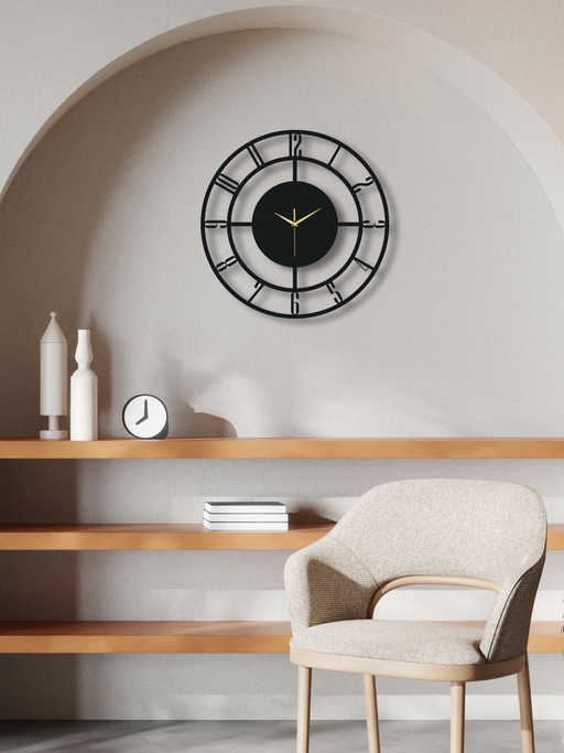 Geometrik Kesik Çizgili 4 Rakamlı Daire Metal Duvar Saati, Minimal Tasarım, Ev Ofis Hediyelik Dekor - Siyah