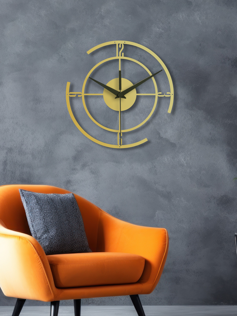 Geometrik Çizgili Daire Metal Duvar Saati, Minimal Tasarım, Ev Ofis için Hediyelik Dekor - Altın