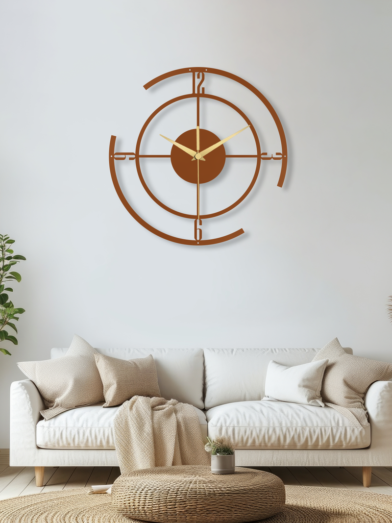 Geometrik Çizgili Daire Metal Duvar Saati, Minimal Tasarım, Ev Ofis için Hediyelik Dekor - Bakır