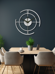 Geometrik Çizgili Daire Metal Duvar Saati, Minimal Tasarım, Ev Ofis için Hediyelik Dekor - Gümüş