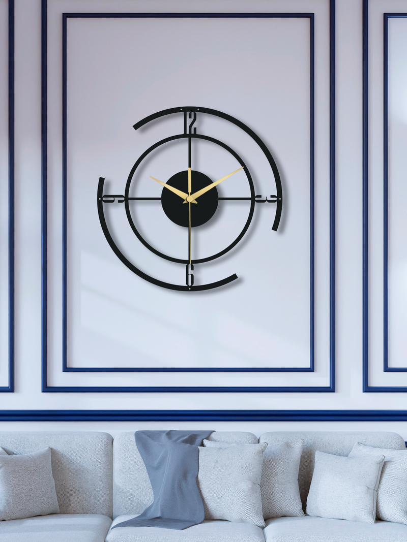 Geometrik Çizgili Daire Metal Duvar Saati, Minimal Tasarım, Ev Ofis için Hediyelik Dekor - Siyah