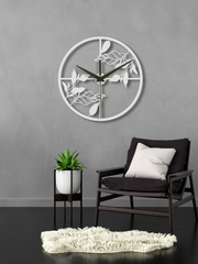 Yaprak Temalı Daire Geometrik Metal Duvar Saati, Minimal Tasarım, Ev Ofis için Hediyelik Dekor - Beyaz