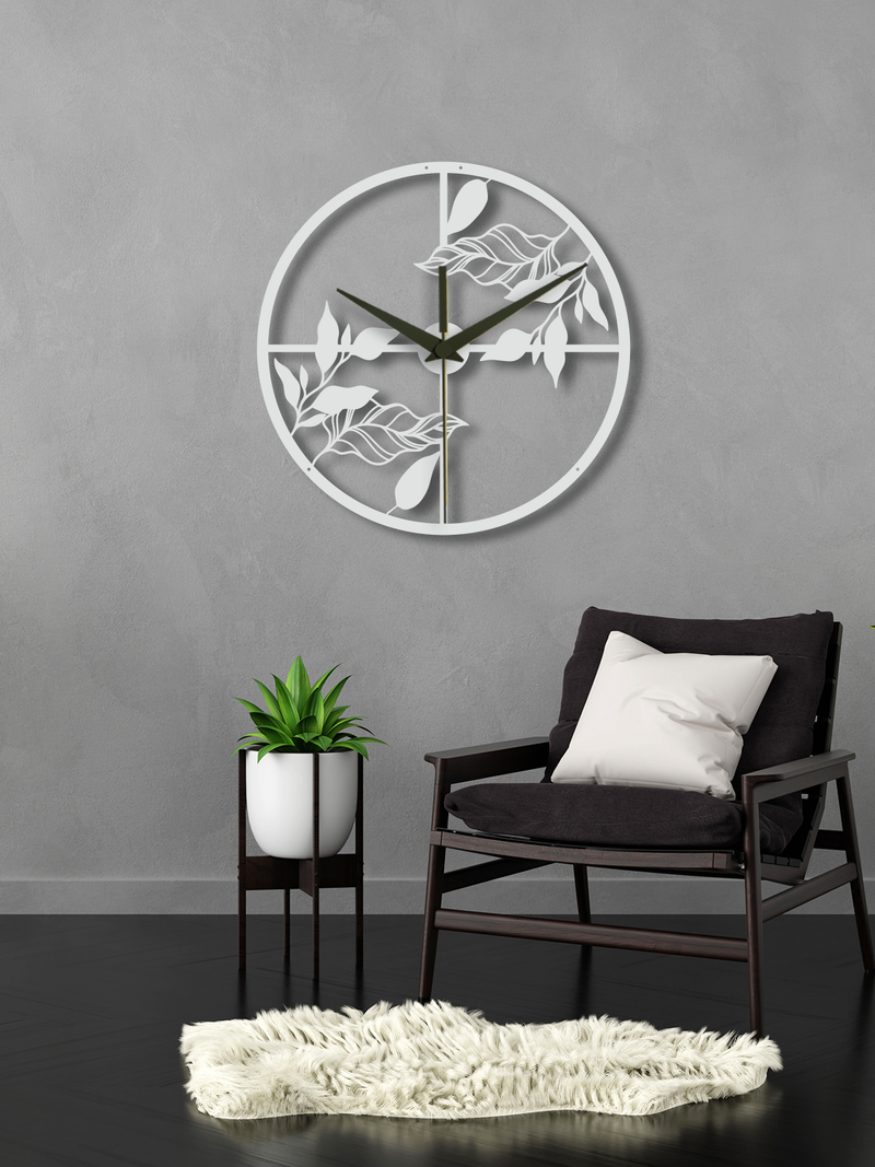 Yaprak Temalı Daire Geometrik Metal Duvar Saati, Minimal Tasarım, Ev Ofis için Hediyelik Dekor - Beyaz