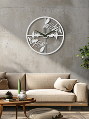 Yaprak Temalı Daire Geometrik Metal Duvar Saati, Minimal Tasarım, Ev Ofis için Hediyelik Dekor - Beyaz