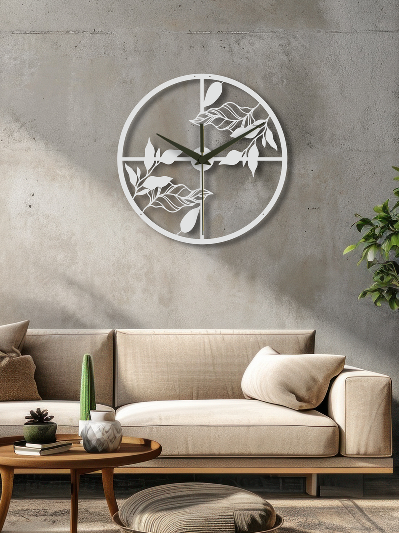 Yaprak Temalı Daire Geometrik Metal Duvar Saati, Minimal Tasarım, Ev Ofis için Hediyelik Dekor - Beyaz