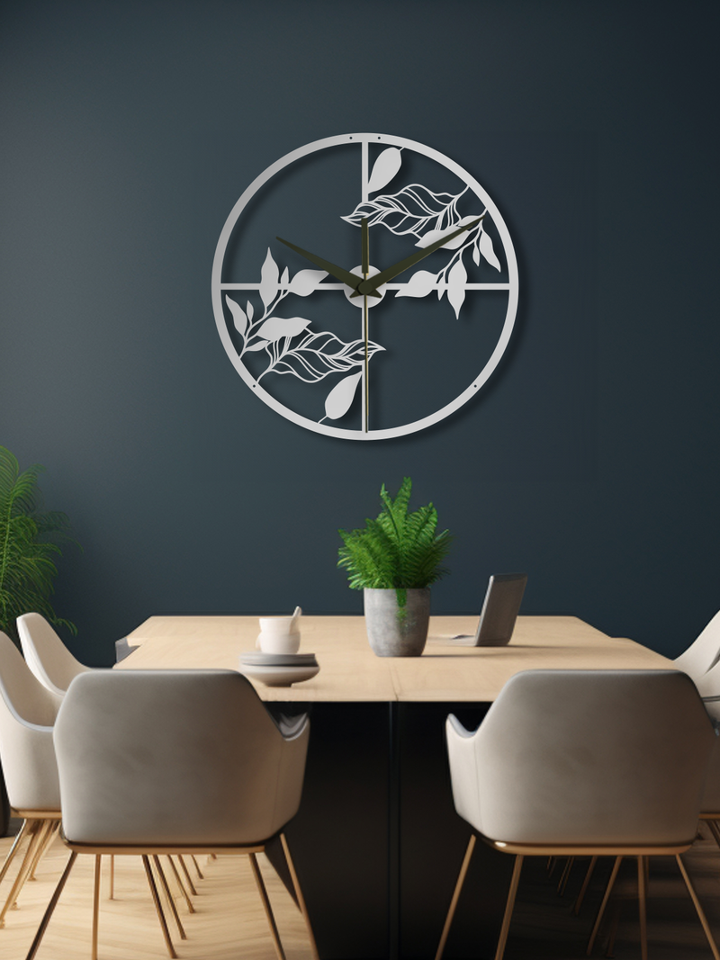 Yaprak Temalı Daire Geometrik Metal Duvar Saati, Minimal Tasarım, Ev Ofis için Hediyelik Dekor - Gümüş