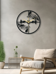 Yaprak Temalı Daire Geometrik Metal Duvar Saati, Minimal Tasarım, Ev Ofis için Hediyelik Dekor - Siyah