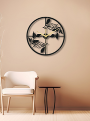 Yaprak Temalı Daire Geometrik Metal Duvar Saati, Minimal Tasarım, Ev Ofis için Hediyelik Dekor - Siyah
