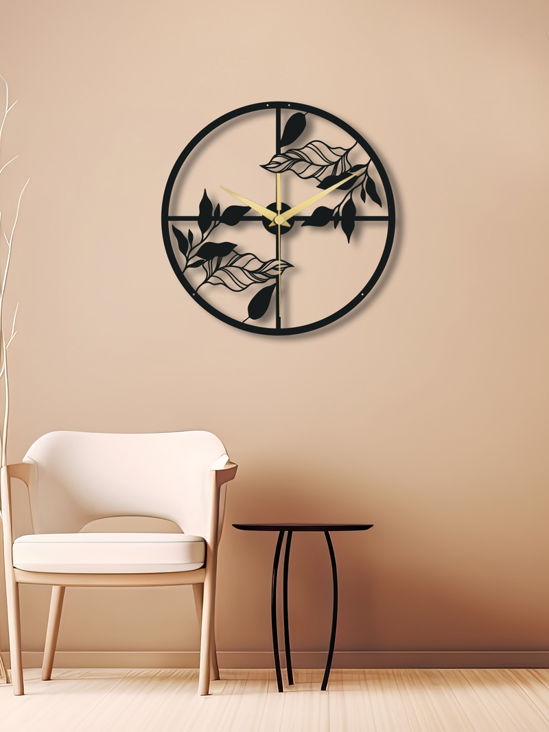 Yaprak Temalı Daire Geometrik Metal Duvar Saati, Minimal Tasarım, Ev Ofis için Hediyelik Dekor - Siyah