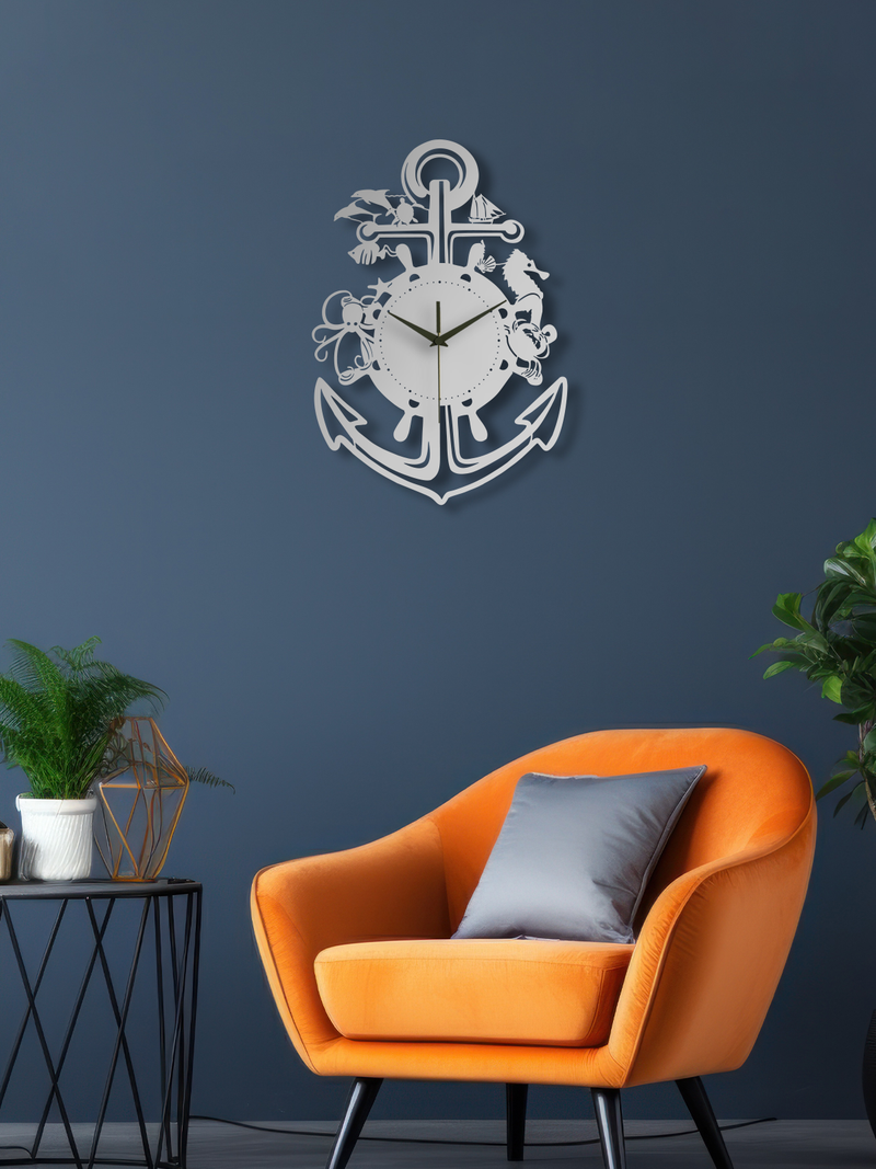 Denizci Çapası Temalı Metal Duvar Saati, Minimal Tasarım, Ev Ofis için Hediyelik Dekor - Gümüş