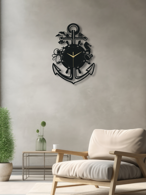 Denizci Çapası Temalı Metal Duvar Saati, Minimal Tasarım, Ev Ofis için Hediyelik Dekor - Siyah