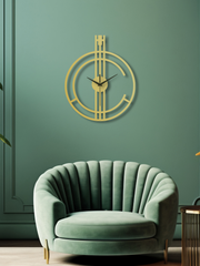 Geometrik Çizgi Temalı Daire Metal Duvar Saati - Altın
